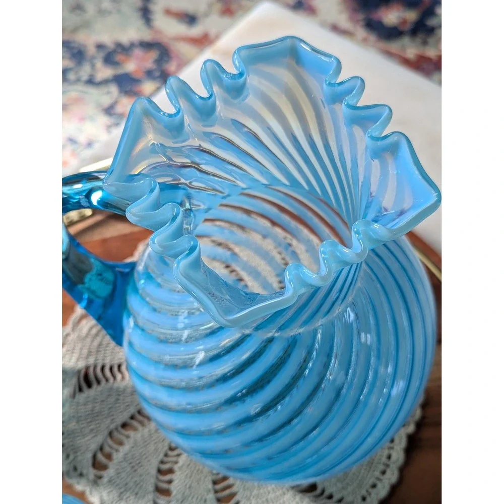 Vintage Pitcher Set Blue Hobbs Brockunier No 325 Opalescent Swirl